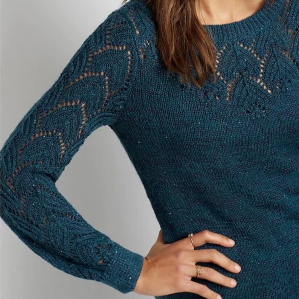 Maurices Women's Teal Sequin Pointelle Tunic Pullover Sweater Sz XS